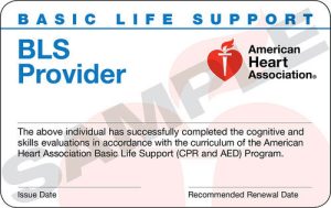 Basic Life Support Provider card issued by the American Heart Association for CPR and AED certification.
